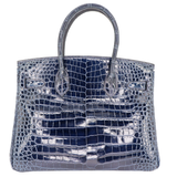 Hermès 30cm Birkin Bleu Marine Shiny Porosus Crocodile Palladium Hardware