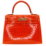 Hermès 28cm Kelly Sellier Orange Shiny Niloticus Crocodile Gold Hardware