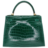 Hermès 28cm Kelly Sellier HSS Emerald Shiny Porosus Crocodile Brushed Gold Hardware