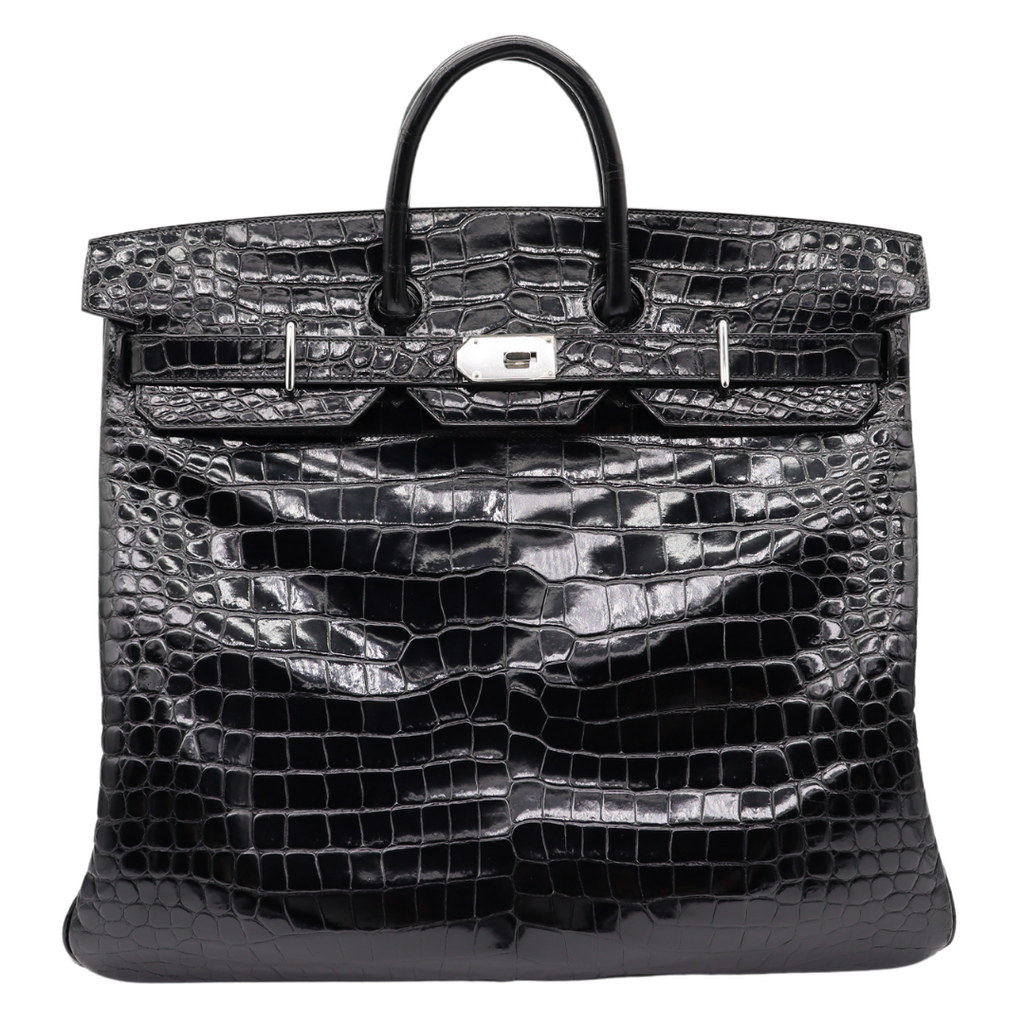 Hermès 50cm HAC Black Shiny Porosus Crocodile Palladium Hardware Hermès 50cm HAC Black Shiny Porosus Crocodile Palladium Hardware