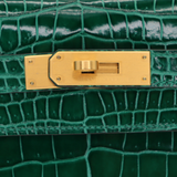 Hermès 28cm Kelly Sellier HSS Emerald Shiny Porosus Crocodile Brushed Gold Hardware