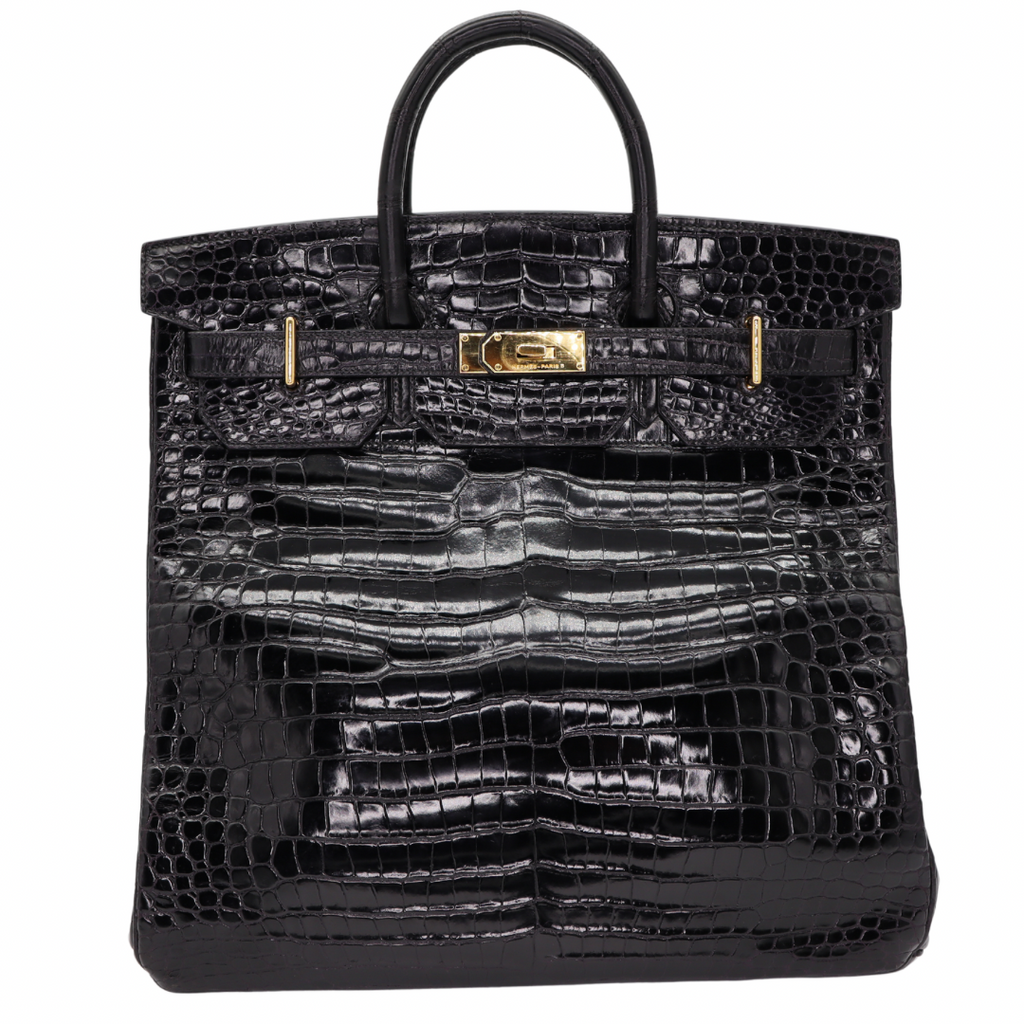 Hermès 40cm HAC Black Shiny Porosus Crocodile Gold Hardware Hermès 40cm HAC Black Shiny Porosus Crocodile Gold Hardware