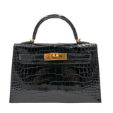 Hermès Mini Kelly II Black Shiny Crocodile Gold Hardware