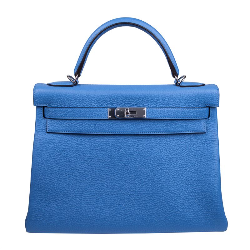 Hermès 32cm Kelly Bleu Paradis Clemence PHW exclusive at Privé Porter