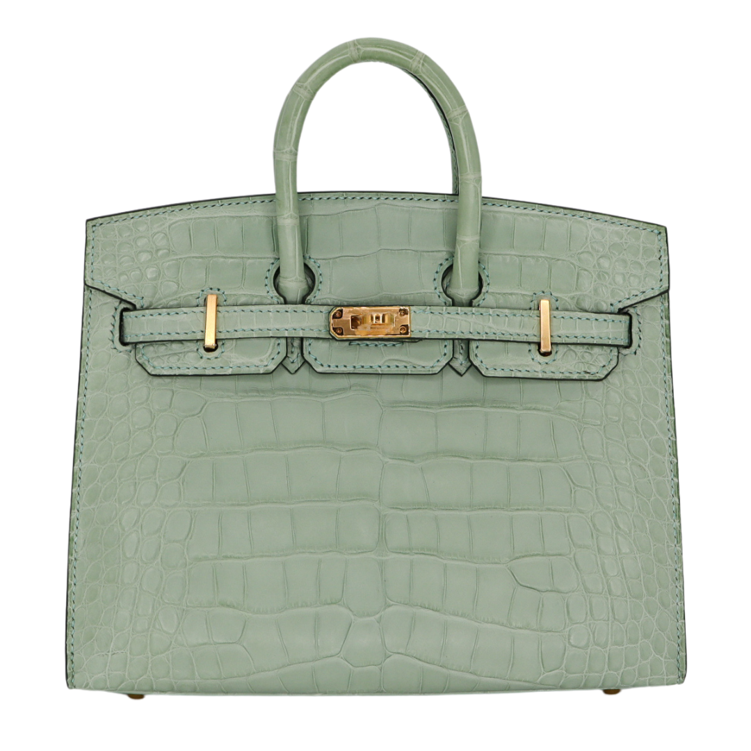 Hermès 20 cm Birkin Sellier Vert D'eau Matte Alligator Gold Hardware