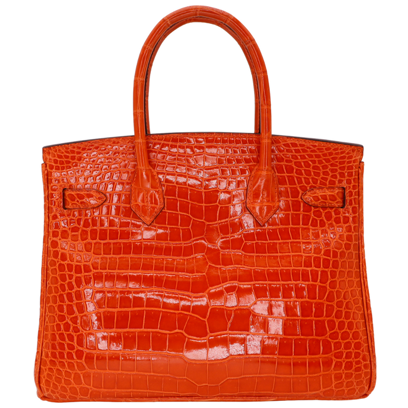 Hermès 30cm Birkin Orange Shiny Porosus Crocodile Palladium Hardware