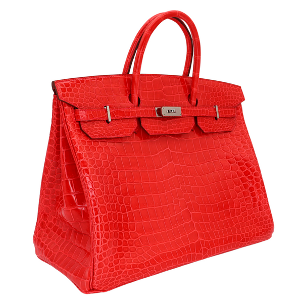 Hermès 40cm Birkin Geranium Shiny Porosus Crocodile Palladium Hardware