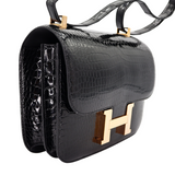 Hermès 24cm Constance Black Shiny Porosus Crocodile Rose Gold Hardware