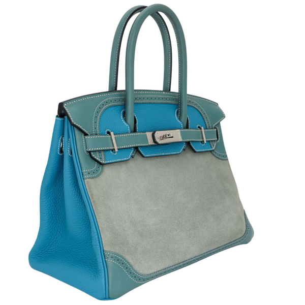 Hermès 30cm Birkin Ghillies Bleu Jean Swift/Suede/Togo Leather Palladium Hardware