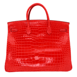 Hermès 40cm Birkin Geranium Shiny Porosus Crocodile Palladium Hardware