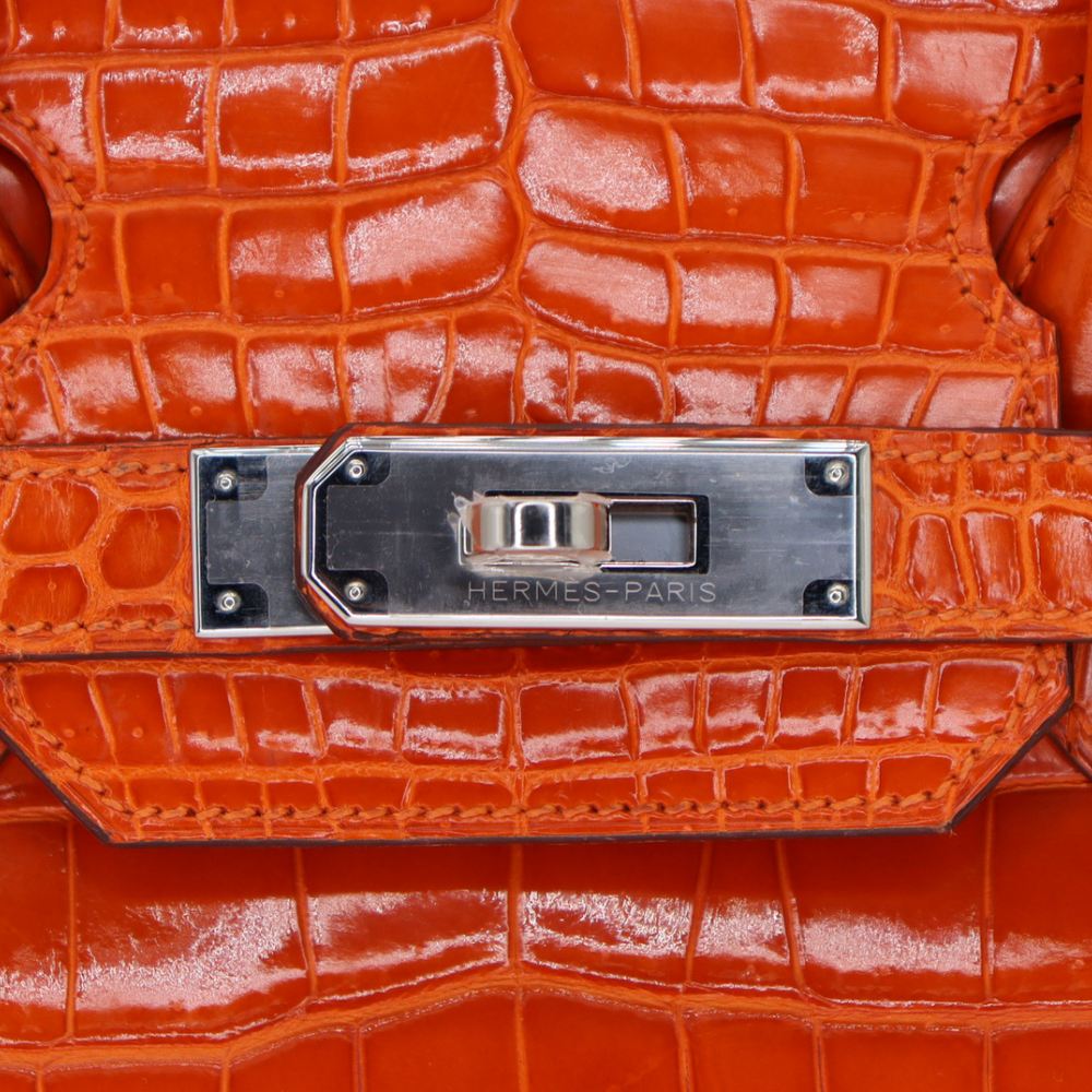 Hermès 30cm Birkin Orange Shiny Porosus Crocodile Palladium