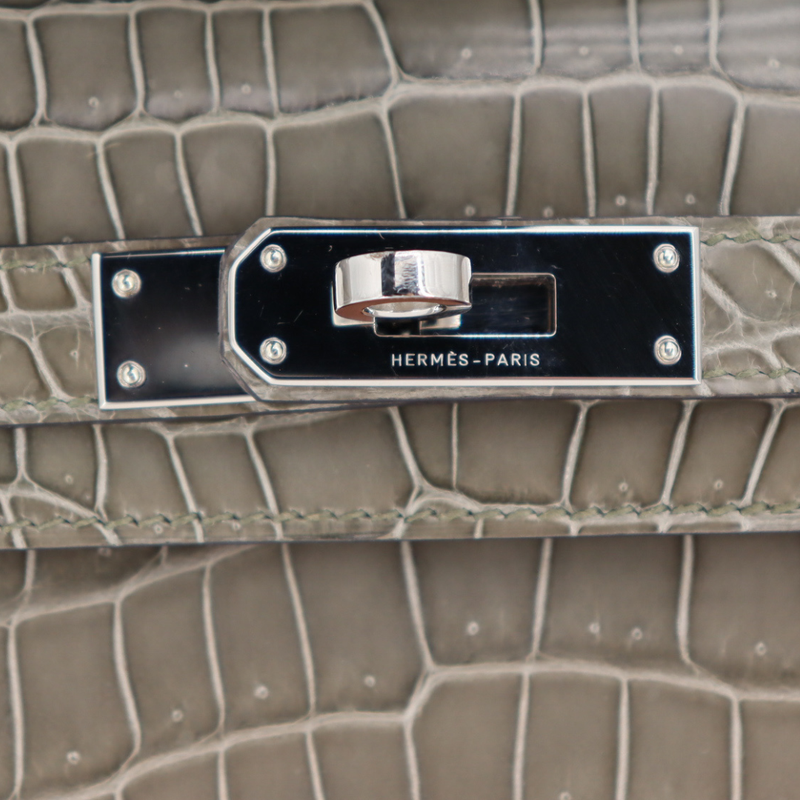 Hermès Kelly Cut Gris Tourterelle Shiny Porosus Crocodile Palladium Hardware