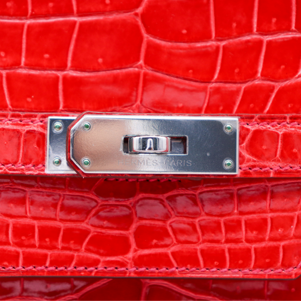 Hermès 40cm Birkin Geranium Shiny Porosus Crocodile Palladium