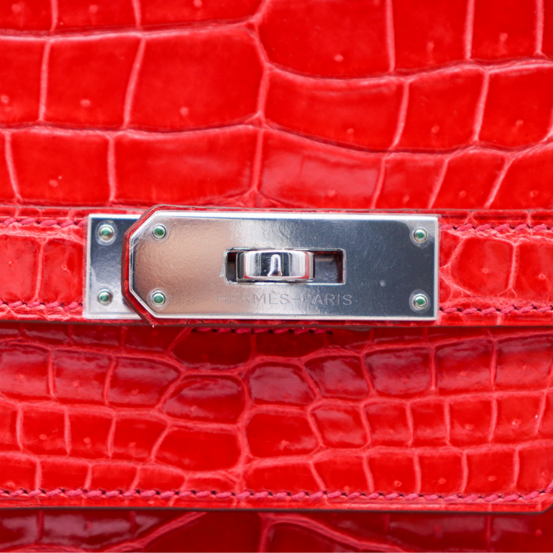 Hermès 40cm Birkin Geranium Shiny Porosus Crocodile Palladium Hardware