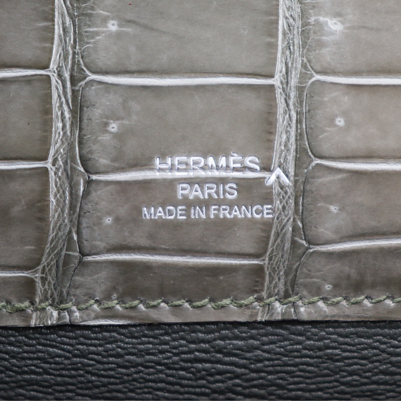 Hermès Kelly Cut Gris Tourterelle Shiny Porosus Crocodile Palladium Hardware