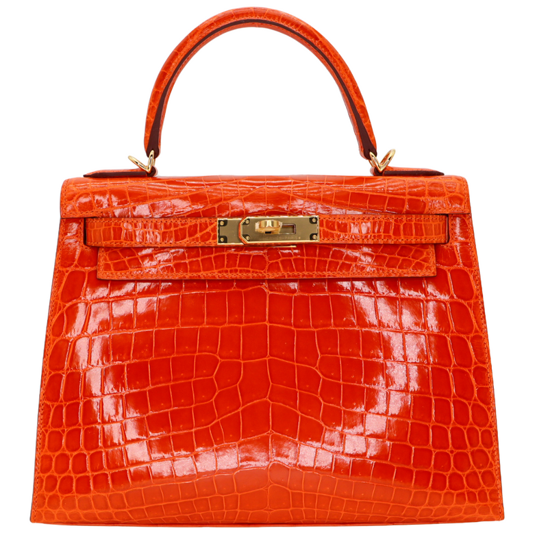Hermès 28cm Kelly Sellier Orange Shiny Niloticus Crocodile Gold