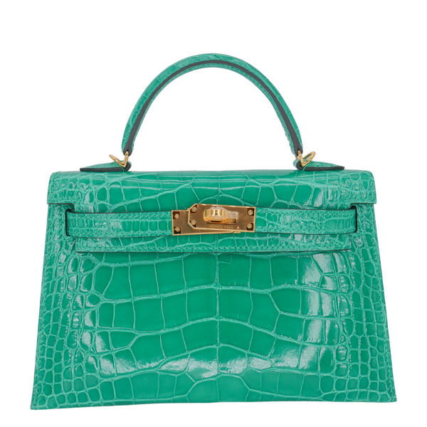 【希少！】HERMES カレ90 シェルフェール & ペーパウエイト 2 黄緑 Hermès Kelly II Sellier Mini Vert Jade Shiny Alligator GHW