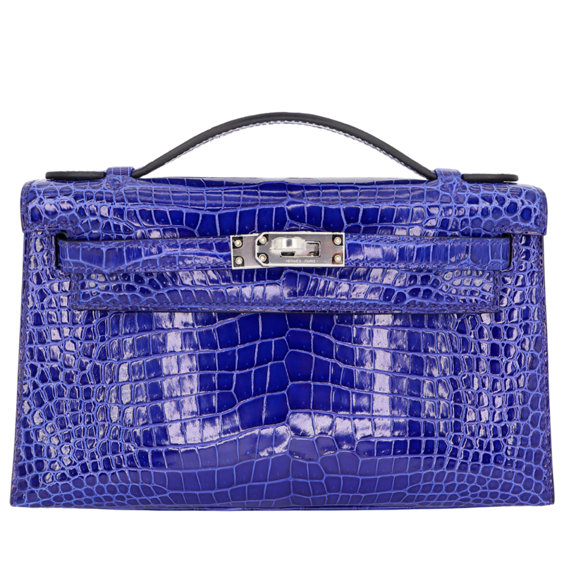 Hermès Kelly Pochette Bleu Electrique Shiny Porosus Crocodile Palladium Hardware
