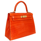 Hermès 28cm Kelly Sellier Orange Shiny Niloticus Crocodile Gold Hardware