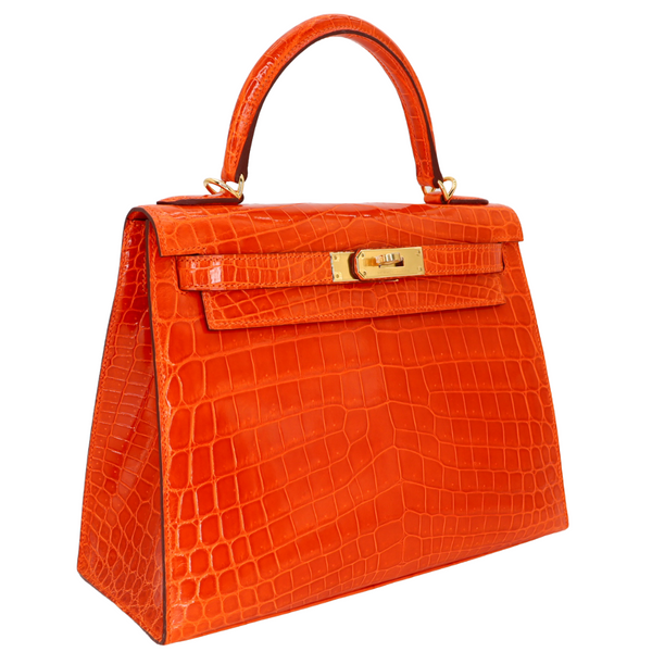 Hermès 28cm Kelly Sellier Orange Shiny Niloticus Crocodile Gold Hardware