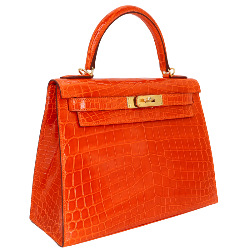 Hermès 28cm Kelly Sellier Orange Shiny Niloticus Crocodile Gold Hardware