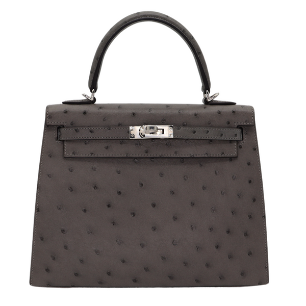 Hermès 25cm Kelly Sellier Gris Perle Ostrich Gold Hardware