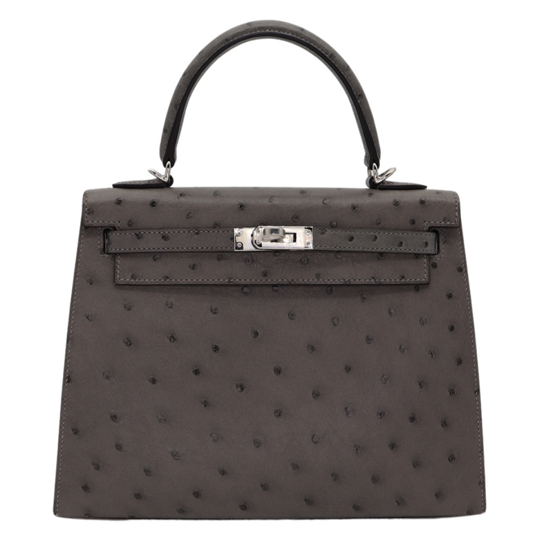 Hermès 25cm Kelly Sellier Gris Meyer Ostrich Palladium Hardware