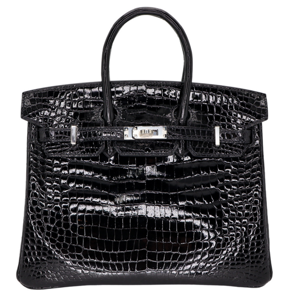 Hermès 25cm Birkin Black Shiny Porosus Crocodile Palladium Hardware