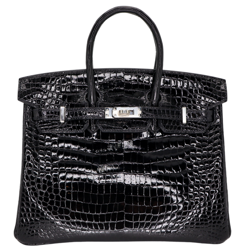 Hermès 25cm Birkin Black Shiny Porosus Crocodile Palladium Hardware