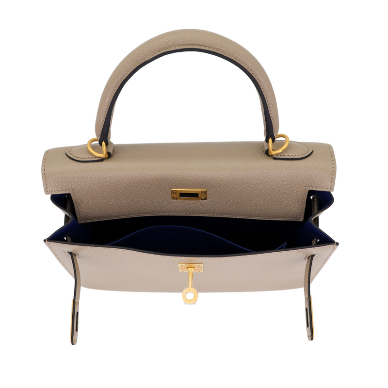 Hermès 25cm Kelly Sellier HSS Gris Tourterelle Chèvre Leather Brushed Gold Hardware