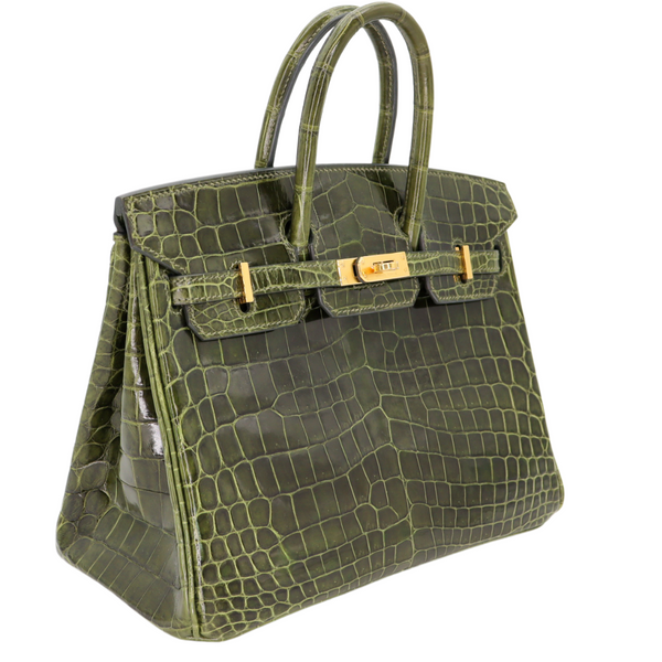 Hermès 25cm Birkin Vert Olive Shiny Niloticus Gold Hardware