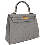 Hermès 25cm Kelly Sellier Bleu Glacier Ostrich Leather Gold Hardware
