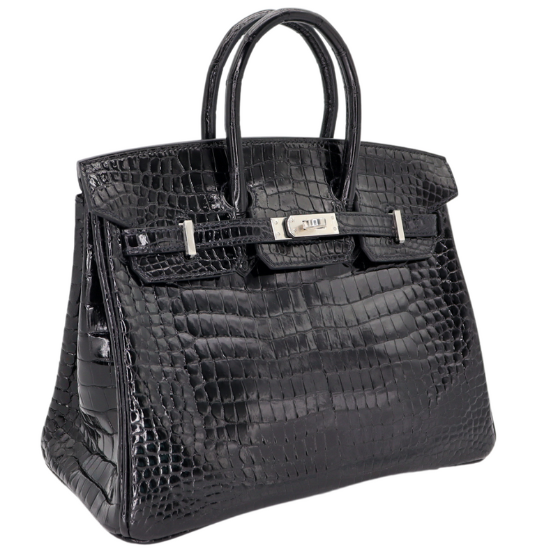 Hermès 25cm Birkin Black Shiny Porosus Crocodile Palladium Hardware