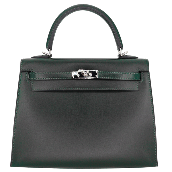 Hermès 25cm Kelly Sellier Vert Fonce Box Calf Leather Palladium
