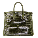 Hermès 25cm Birkin Vert Olive Shiny Niloticus Gold Hardware