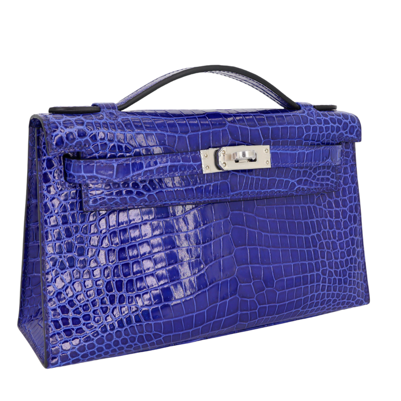 Hermès Kelly Pochette Bleu Electrique Shiny Porosus Crocodile Palladium Hardware