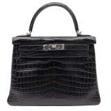 Hermès 28cm Kelly Retourne Black Matte Niloticus Crocodile Palladium Hardware