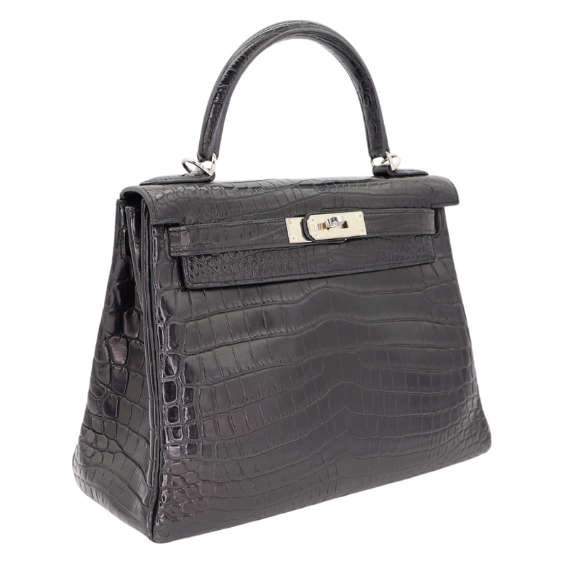 Hermès 28cm Kelly Retourne Black Matte Niloticus Crocodile Palladium Hardware