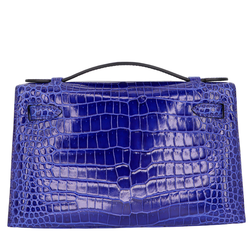 Hermès Kelly Pochette Bleu Electrique Shiny Porosus Crocodile Palladium Hardware