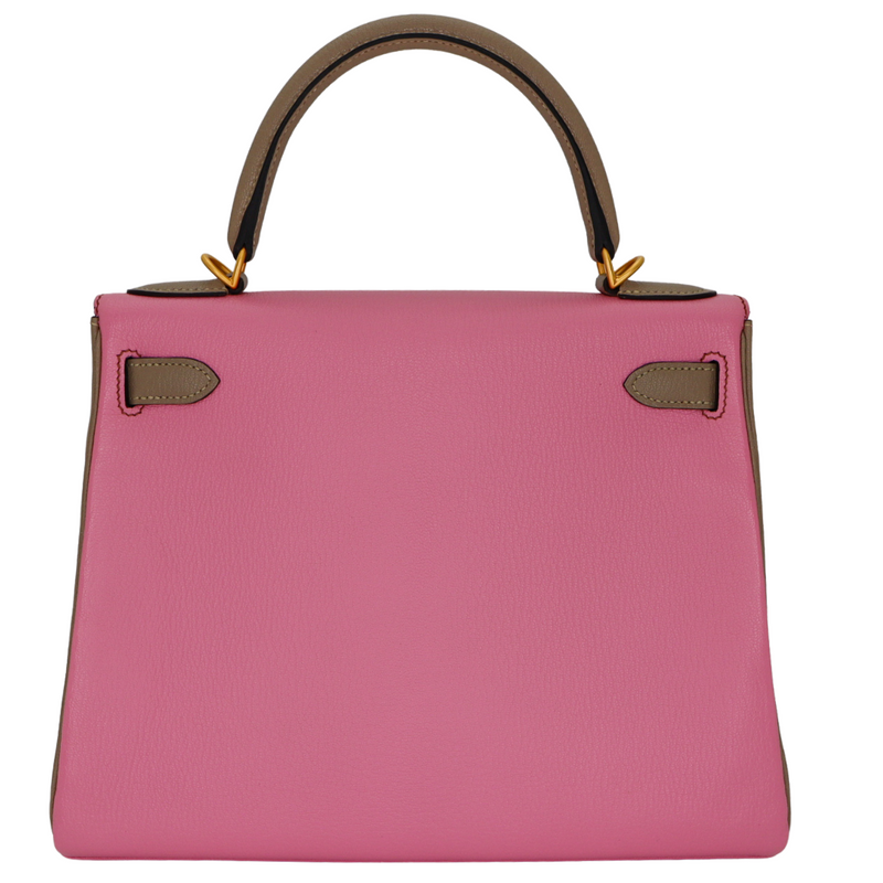 Hermès 28cm Kelly Retourne HSS Bubblegum/Gris Tourterelle Chèvre Leather Brushed Gold Hardware