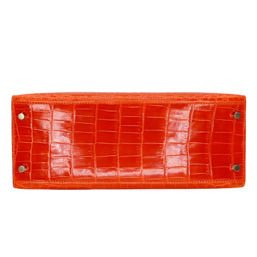 Hermès 28cm Kelly Sellier Orange Shiny Niloticus Crocodile Gold