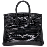 Hermès 25cm Birkin Black Shiny Porosus Crocodile Palladium Hardware
