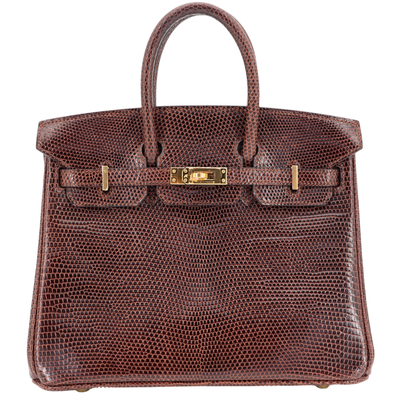 Hermès 25cm Birkin Ebene Shiny Lizard Gold Hardware