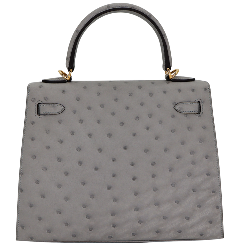 Hermès 25cm Kelly Sellier Bleu Glacier Ostrich Leather Gold Hardware