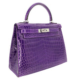 Hermès 28cm Kelly Sellier Ultraviolet Shiny Niloticus Crocodile Palladium Hardware