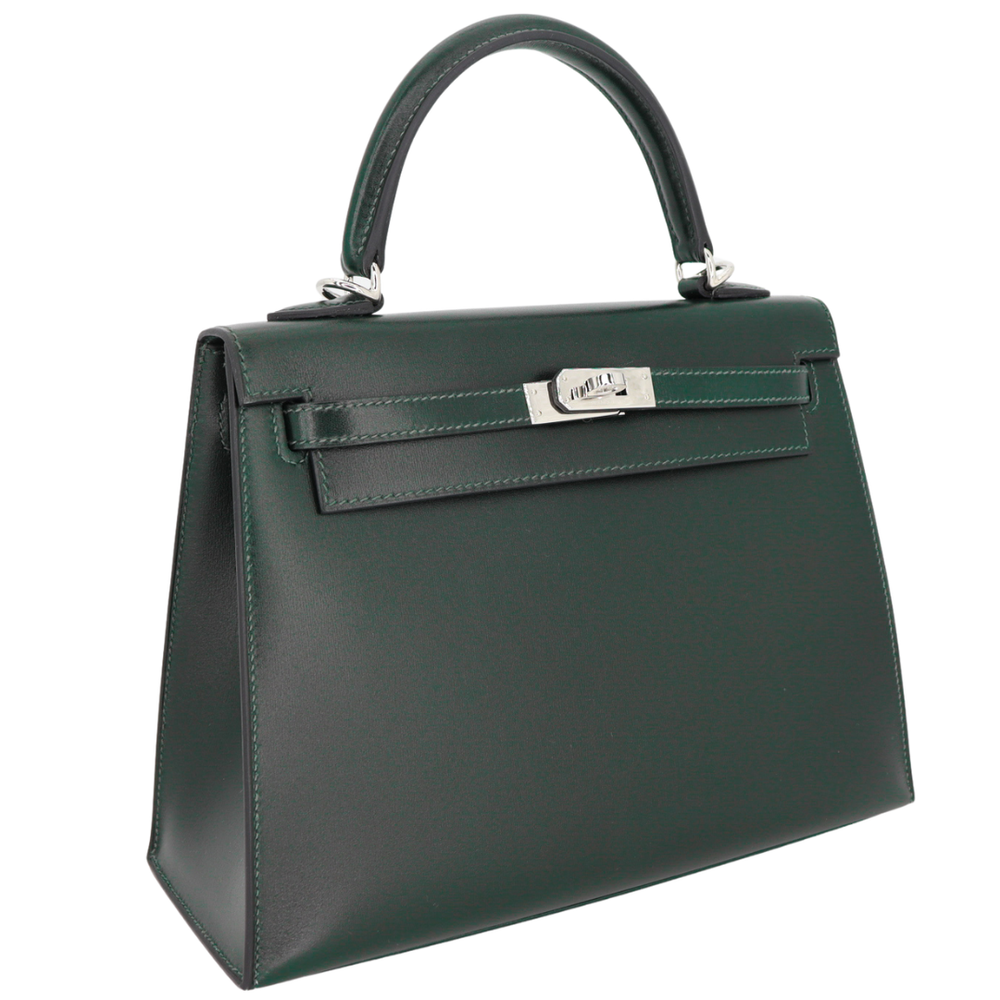 Hermès 25cm Kelly Sellier Vert Fonce Box Calf Leather Palladium
