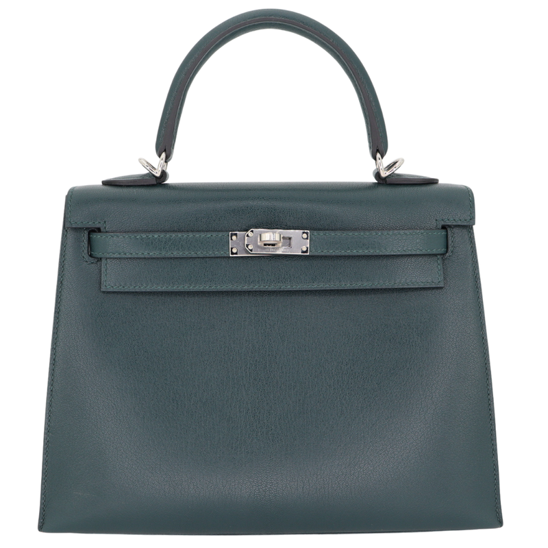 Hermès 25cm Kelly Sellier Vert Cypress Chèvre Leather Palladium Hardware