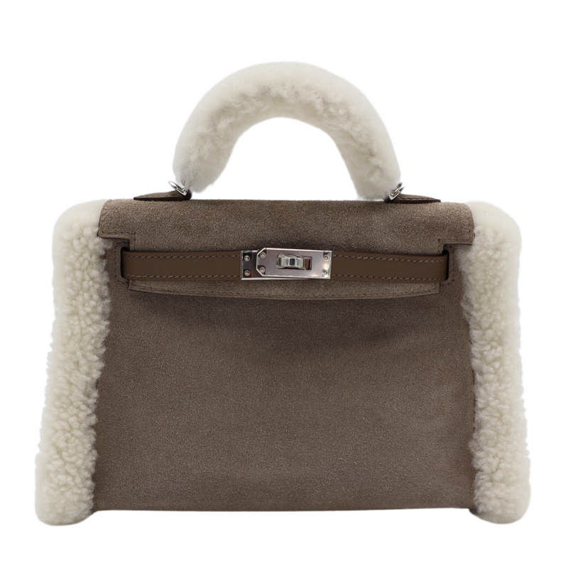 Hermès Kelly Mini Teddy Plush Shearling Gris Caillou/Etoupe Palladium Hardware