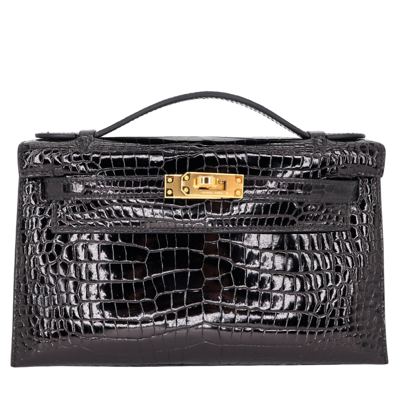 Hermès Kelly Pochette Black Shiny Porosus Crocodile Gold Hardware