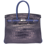 Hermès 35cm Birkin Tri-Leather Bleu Indigo Matte Alligator/Box Calf/Clemence Leather Palladium Hardware